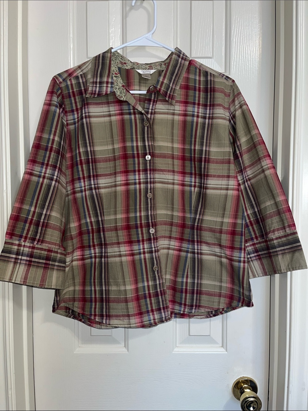 Christopher & Banks Plaid Cotton Blouse L Floral Trim 3/4 Sleeve Boxy - Picture 2 of 9